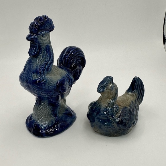 SOLD Beaumont Brothers Pottery BBP Salt Glazed Rooster & Chicken Gray Blue 4"&2” - Picture 1 of 6